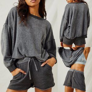 NEW Free People Kelly Washed Black Cozy Soft Sweatshirt Shorts Lounge Set $148 M